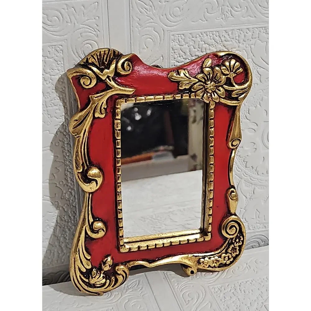 Vintage Red and Gold Ornate Accent Mirror Wall Hanging Scroll Accent Floral